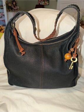Fossil Vintage Black Leather Shoulder Hobo with Brown Trim and Charm